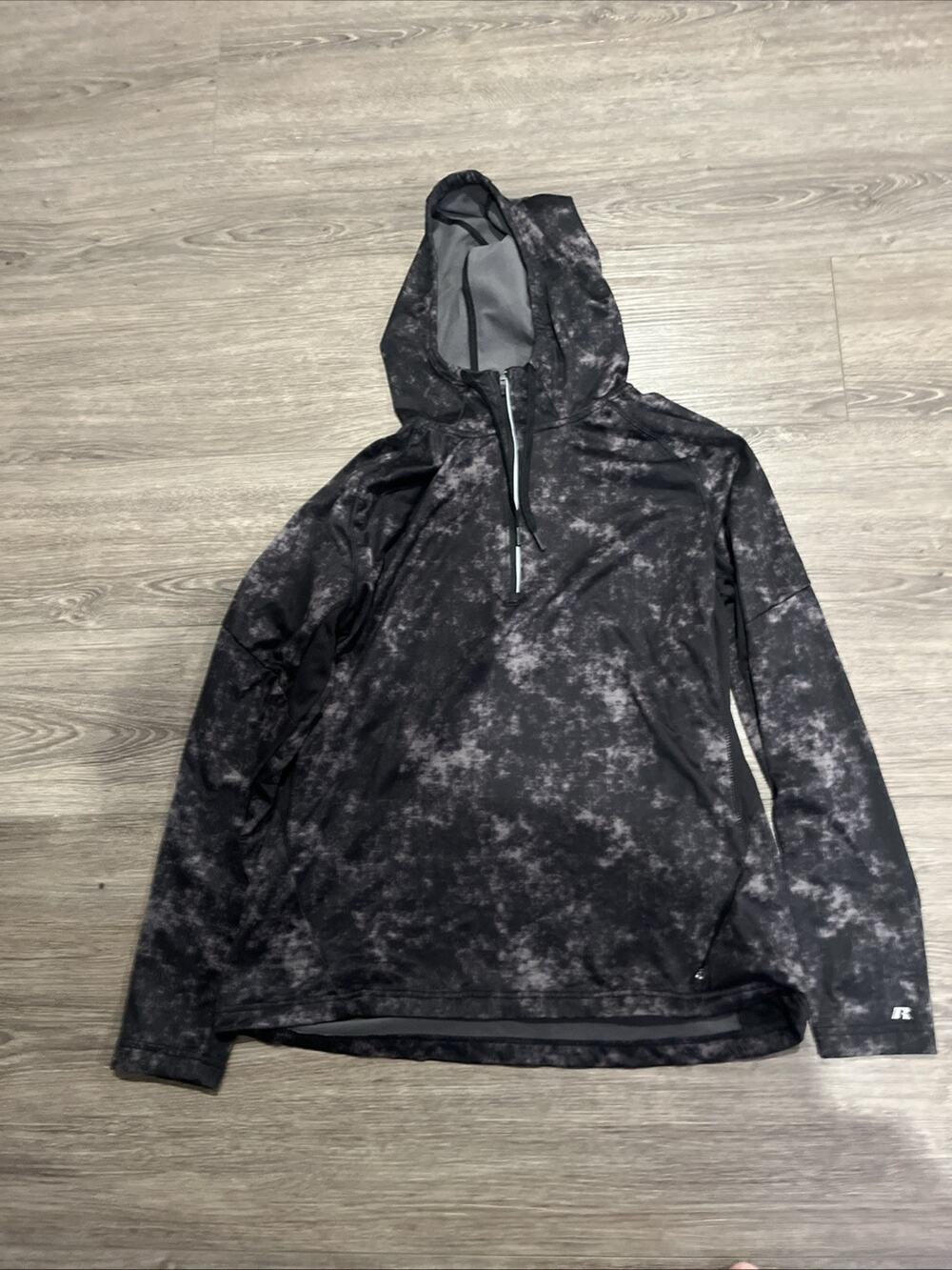 Russell Training Fit Fleece Hoodie 1/4 Zip Black Camo Tie Dye Mens Size L Dri
